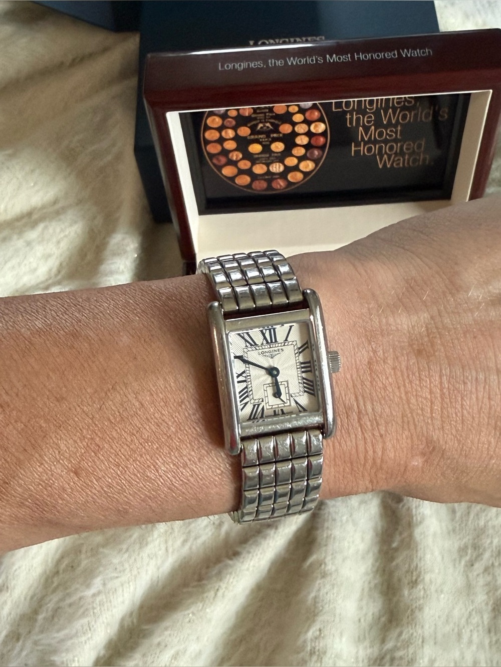New Longines Silver Rectangular Bracelet Watch with Ivory Dial. Purchased 09/25.